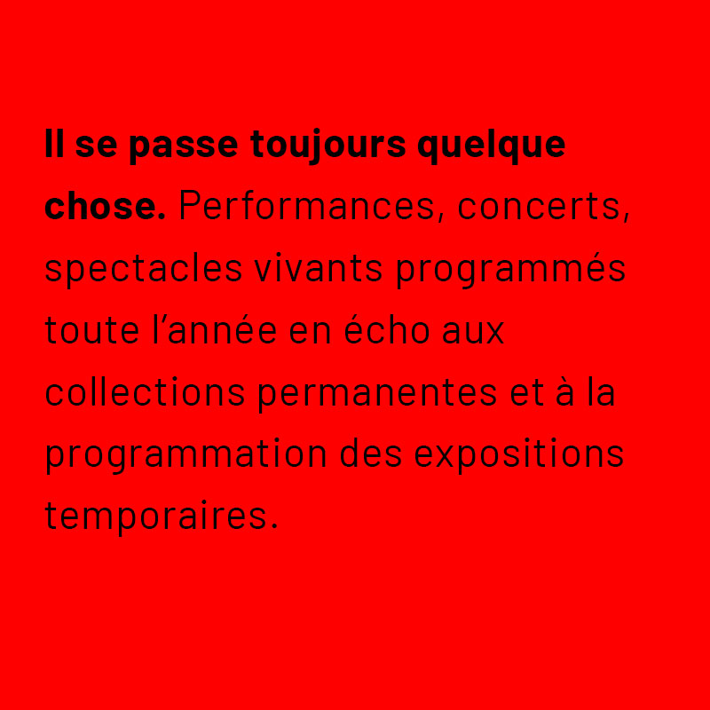 Il se passe toujours quelque chose. Performances, concerts, spectacles vivants programmés toute l’année en écho aux collections permanentes et à la programmation des expositions temporaires.